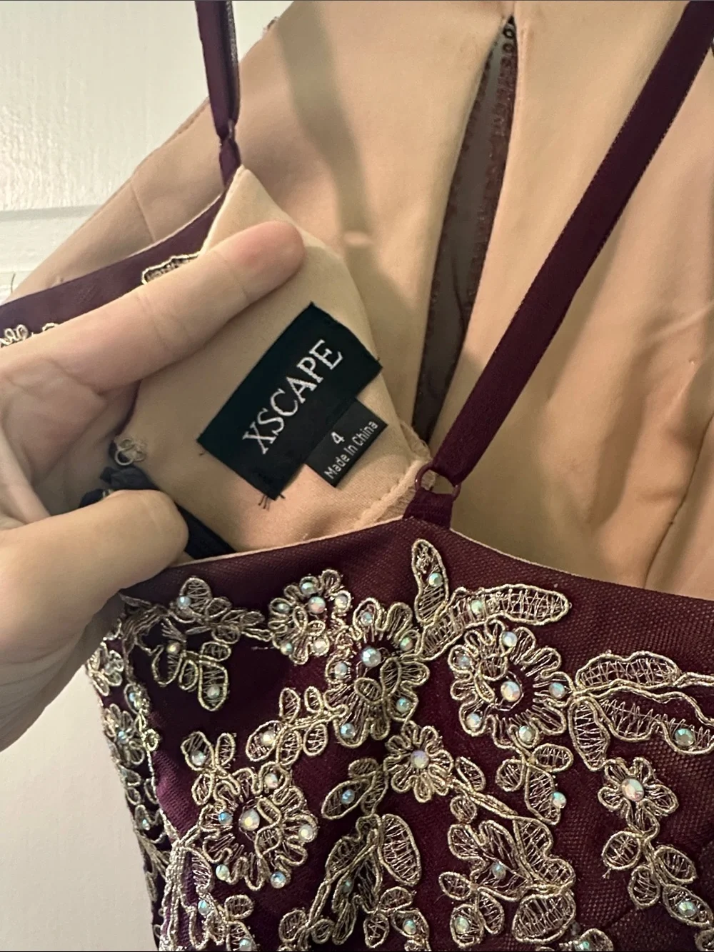 David's Bridal Plum Gown with Gold Embellishment